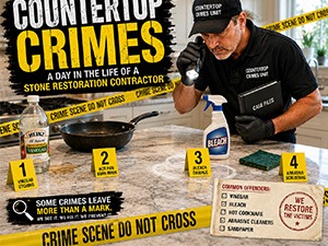 Informational poster about countertop crimes: a stone restoration contractor demonstrates at a work counter, with numbered steps, crime scene tape, and a list of common offenders.