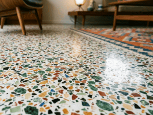 Close-up of a terrazzo floor with multicolored chips in a living room, with furniture visible in the background.